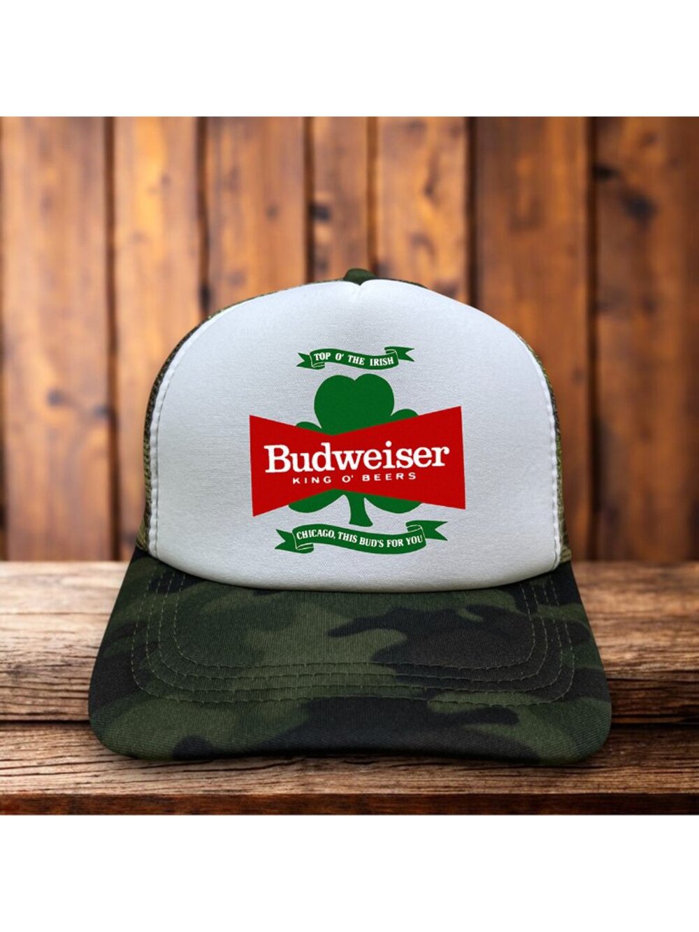 Budweiser Chicago Mens Trucker Hat Camo Snapback Irish Shamrock Baseball Cap